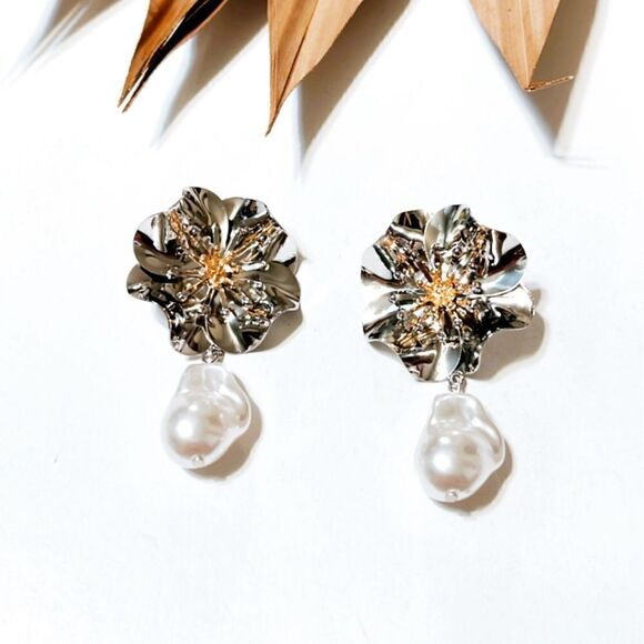 Anthropologie Silver and White Pearl Drop Earrings - Picture 1 of 3